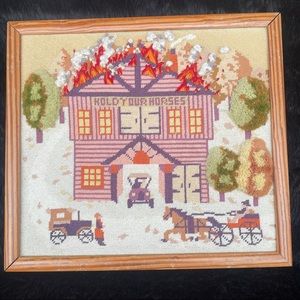 Vintage needlepoint fire re-work Hold your horses! fiber art gallery wall